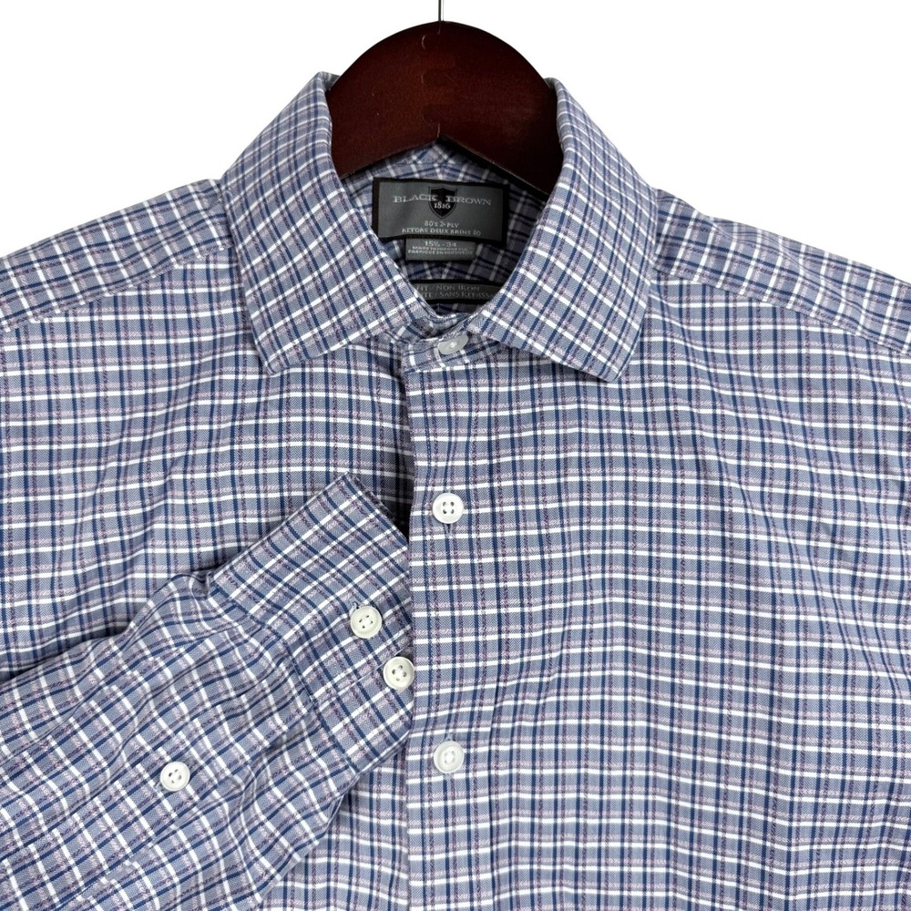 Black Brown 1826 Dress Shirt 15.5 34 Slim Fit Non Iron Plaid Preppy Business